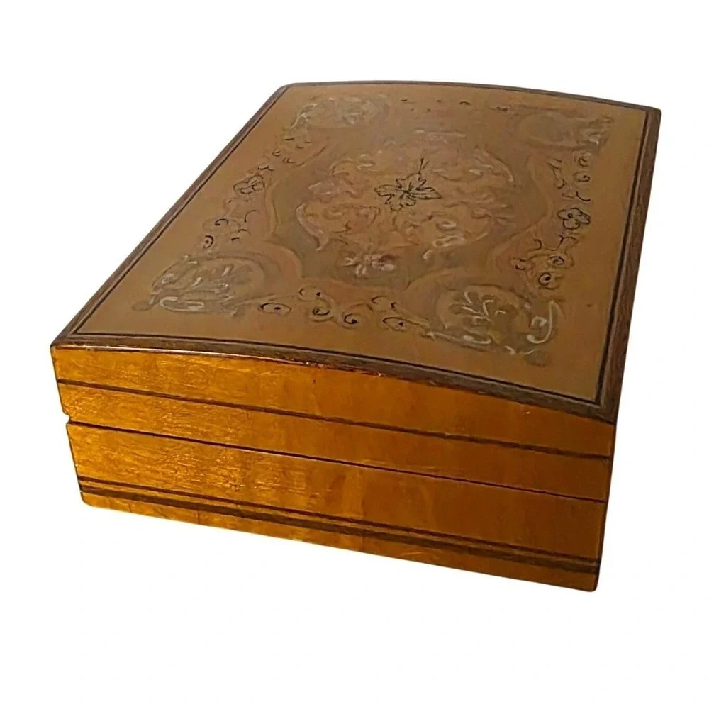 VTG Italian Sorrento Ware Inlaid Wood Trinket Jewelry Box – Foliate Scroll Italy